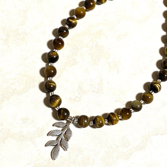 Tigers Eye Stone Silver Leaf Branch Necklace, Genuine Gemstone Beaded Necklace - Picture 7 of 10